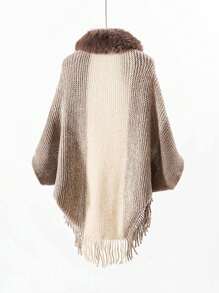 1pc 女士秋冬新款卡其色斗篷和披肩加厚毛领流苏设计防风保暖亲肤高端百搭针织衫适合日常使用 - 卡其色 - 查看 7