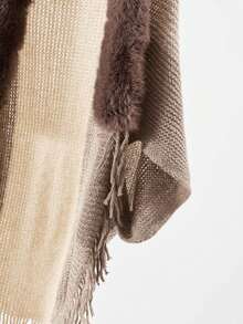 1pc 女士秋冬新款卡其色斗篷和披肩加厚毛领流苏设计防风保暖亲肤高端百搭针织衫适合日常使用 - 卡其色 - 查看 4