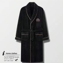 男士加大码秋冬珊瑚绒睡袍，加厚保暖浴袍，中长款，保暖 - 黑色 - 查看 2