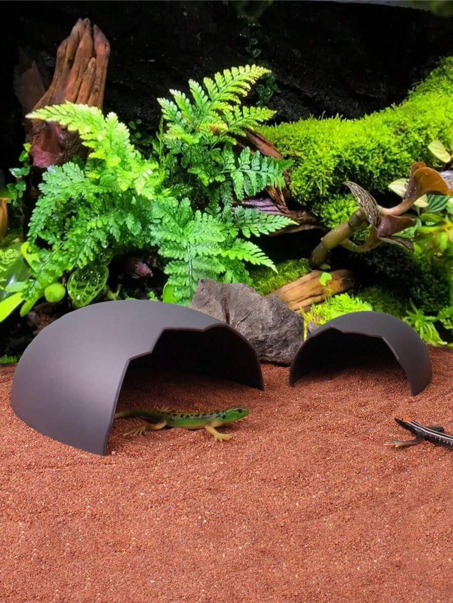 1件爬蟲巢蛋殼形塑膠庇護所蜥蜴烏龜角蛙爬蟲箱造景裝飾洞 - 深灰色 - 查看 1