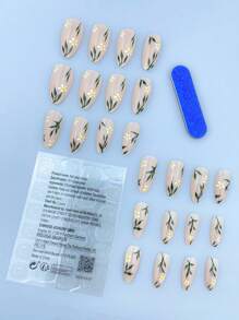 24 Piezas Uñas De Almendra Cortas Con Diseño De Pequeñas Flores Silvestres Pintado A Mano, Perfectas Para El Uso Diario - Multicolor - Ver 3