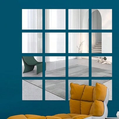 (20 peças/16 peças) Adesivos de parede espelhados quadrados em acrílico, adesivos decorativos geométricos autoadesivos para sala de estar, quarto, banheiro, entrada, decoração criativa para casa, material escolar, decoração de parede, espelho de parede para quarto, banheiro, sala de estar