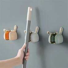 1只白色豪華兔形拖把架,壁掛掃帚掛鉤,帶膠粘鉤和扣釦固定器,不用鑽孔,適用於浴室