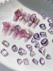 5pcs Purple Plum Colored Glass Nail Rhinestones Decor With Pointed Crystal Diamond - Beige - View 3