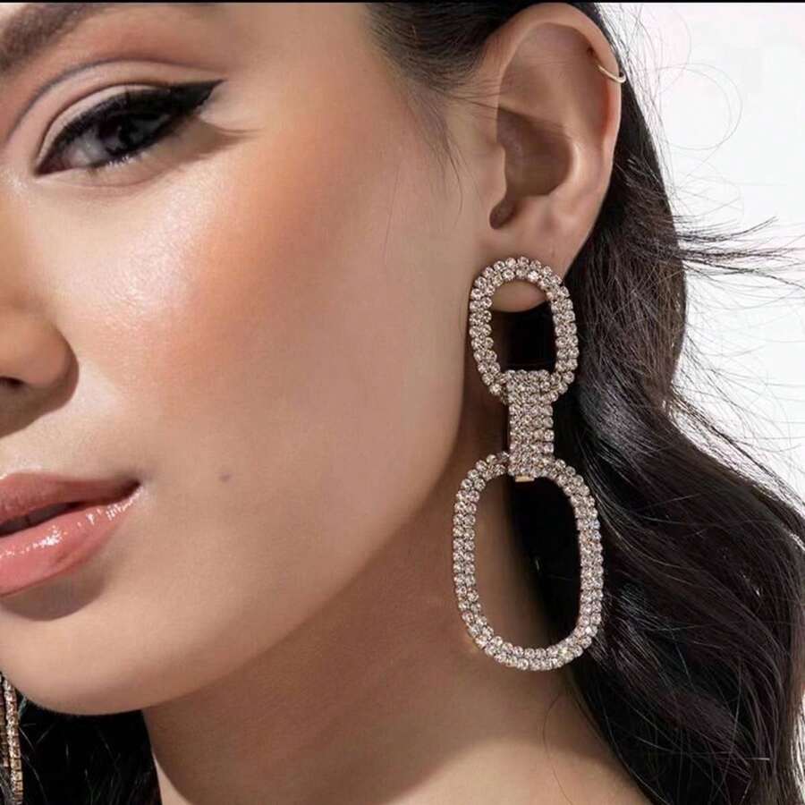 1對時尚閃亮多層幾何橢圓設計銅嵌鑲鑽立體垂墜耳環,適合女性在假期、婚禮、聚會、約會、聖誕裝飾等場合佩戴