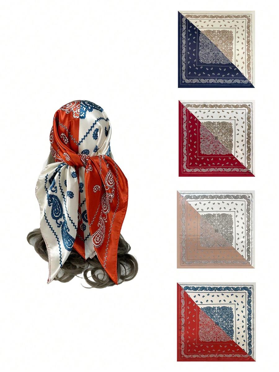 1入組女士仿真絲頭巾和胸巾，印有波斯花紋，非常適合休閒和海灘穿著