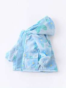 1pc Young Girl Lovely Flower Patterned Print Long Sleeve Hooded Fleeced Coat With Raglan Sleeve For Winter - Blue - View 3