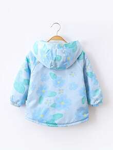 1pc Young Girl Lovely Flower Patterned Print Long Sleeve Hooded Fleeced Coat With Raglan Sleeve For Winter - Blue - View 2