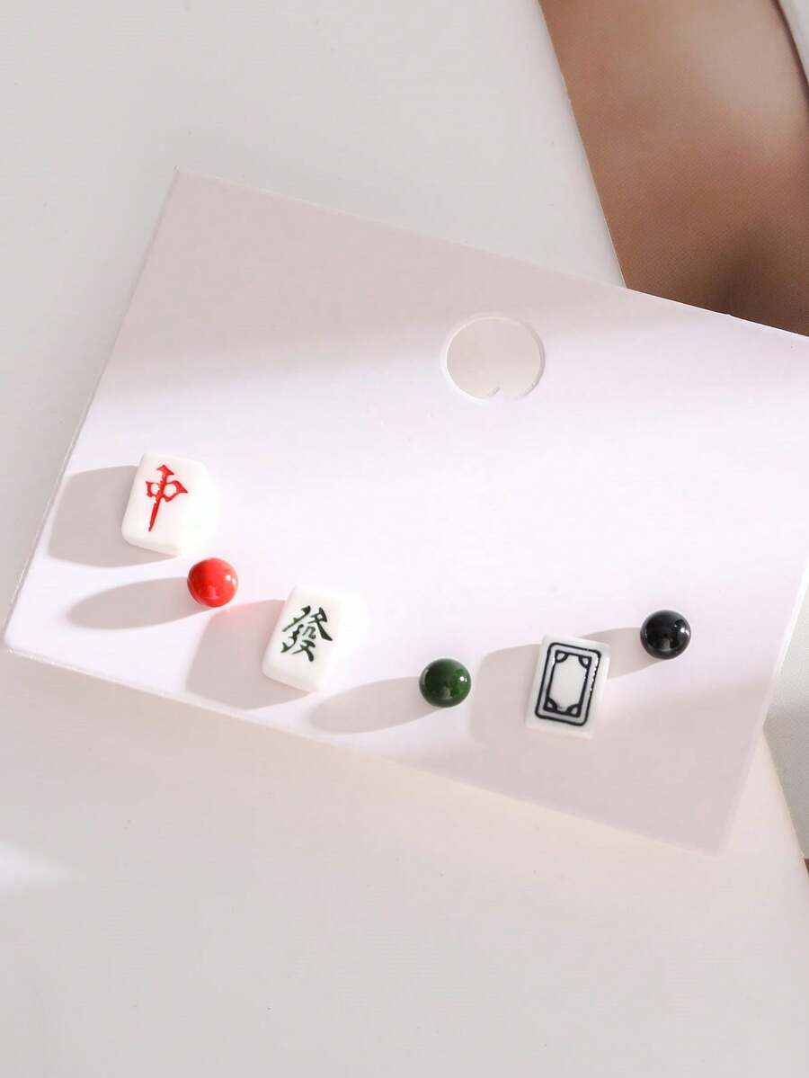 3對女款創意麻將面陶瓷耳環,適用於女孩禮物