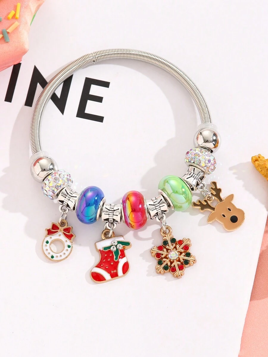 1 Bracelet De Noël Snowflake, Elk, Donut, Stocking Avec Des Pierres De Strass Colorées Pour Cadeau Festif, Famille Et Amis