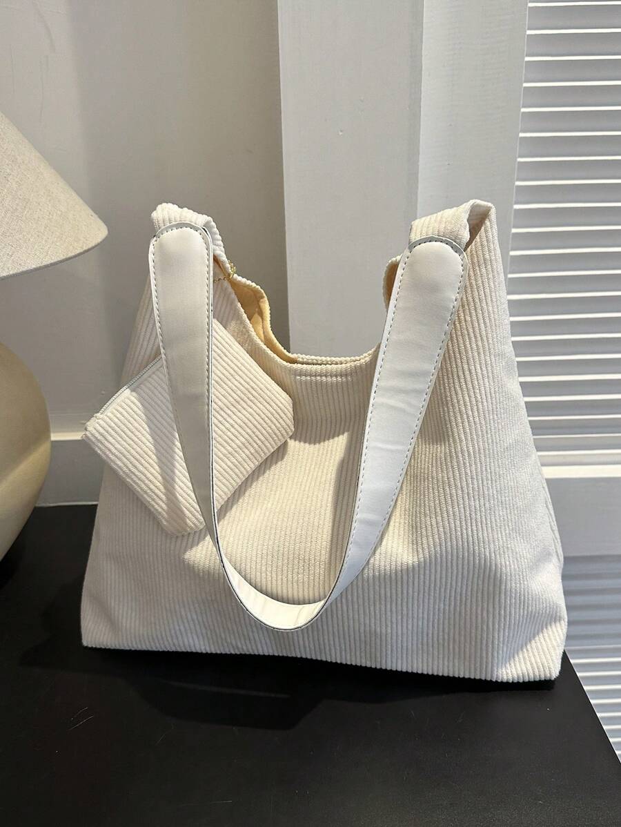 新款 Corduroy 文藝風女包,韓國復古洗煉,大容量簡約設計女士單肩包,適用於秋冬季節 - 米色 - 查看 1