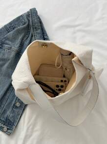 新款 Corduroy 文藝風女包,韓國復古洗煉,大容量簡約設計女士單肩包,適用於秋冬季節 - 米色 - 查看 6