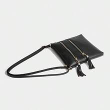 Vintage Style Women's Crossbody Bag, Small Size Pu Leather Shoulder Bag & Handbag, With Tassel Decoration, Multiple Pockets, Dual Zippers - Black - View 3