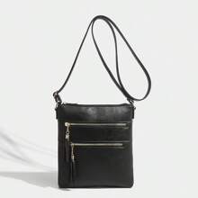 Vintage Style Women's Crossbody Bag, Small Size Pu Leather Shoulder Bag & Handbag, With Tassel Decoration, Multiple Pockets, Dual Zippers - Black - View 5