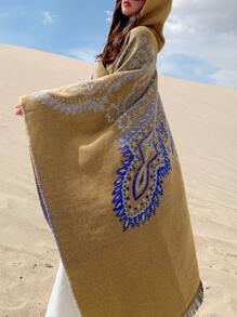 1入組女士的孔雀羽毛圖案披肩披肩百搭斗篷適用於攝影,春/夏/秋/冬 - 卡其色 - 查看 3