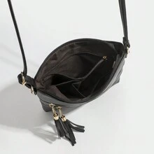 Vintage Style Women's Crossbody Bag, Small Size Pu Leather Shoulder Bag & Handbag, With Tassel Decoration, Multiple Pockets, Dual Zippers - Black - View 4