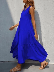 Vestido largo sin mangas y  cuello V - azul real - Ver 3
