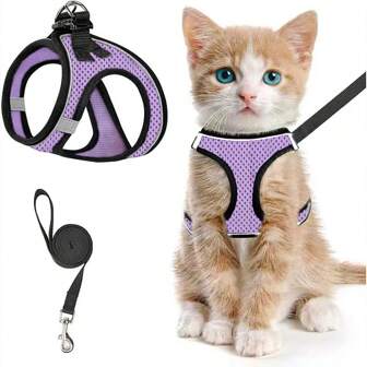Walking Cat Harness With Fur Trim, Escape Proof & Soft Adjustable Cat Vest Harness, Easy Control & Breathable Reflective Strip Jacket, Black