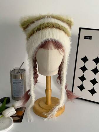 1pc Sweet Devil Horn Y2K Color Block Striped Fleece Ear Protector Knit Hat, Autumn & Winter, Warm Woollen Bucket Hat With Personalized Tied Headband, Beret