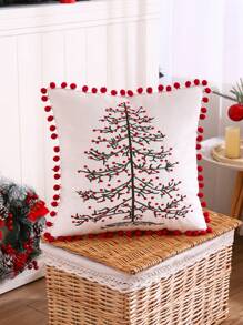 1個聖誕裝飾靠墊套,天鵝絨面料刺繡聖誕樹毛球 - 紅色 - 查看 5