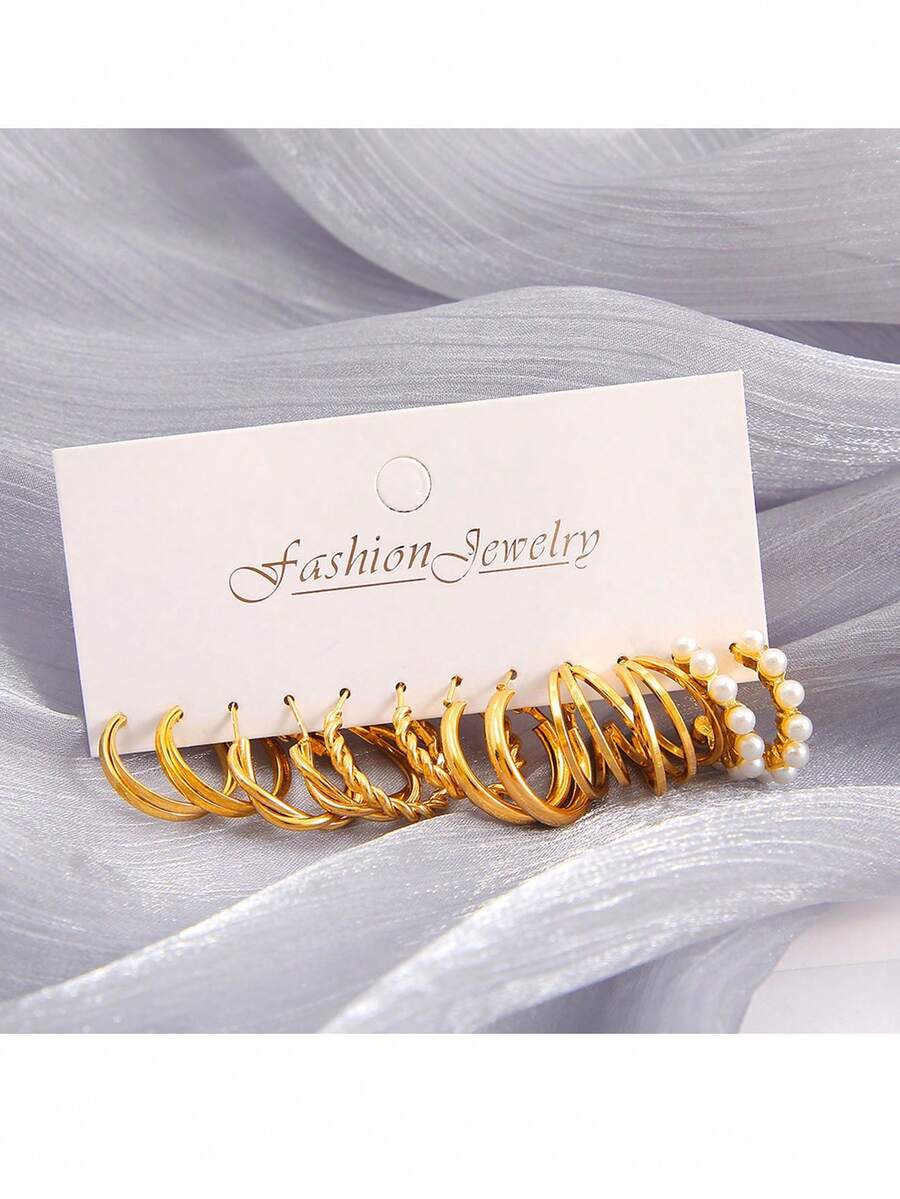 时尚个性金属耳环 6对/套，金属三扭设计耳环 6件/套 - 彩色 - 查看 1