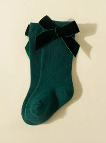 Calcetines Hasta La Mitad De La Pantorrilla Con Estilo De Princesa Lindo Para Niñas Con Lazo En Colores Rojo, Verde Y Sólido, Cómodos, Como Decoración Navideña - Verde - Ver 1