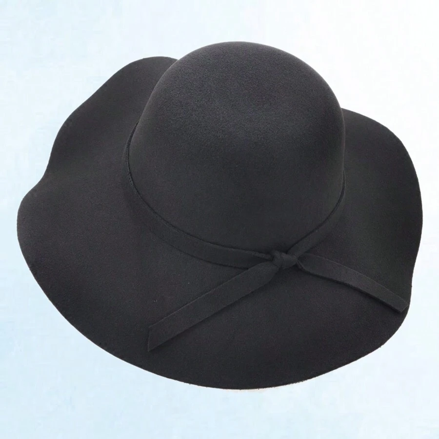 1頂女款復古寬緣圓頂毡帽,黑色優雅