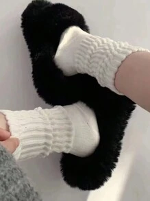 1双女士时尚纯色绒袜，韩版高筒袜，百搭秋冬袜，秋季 - 白色 - 查看 5