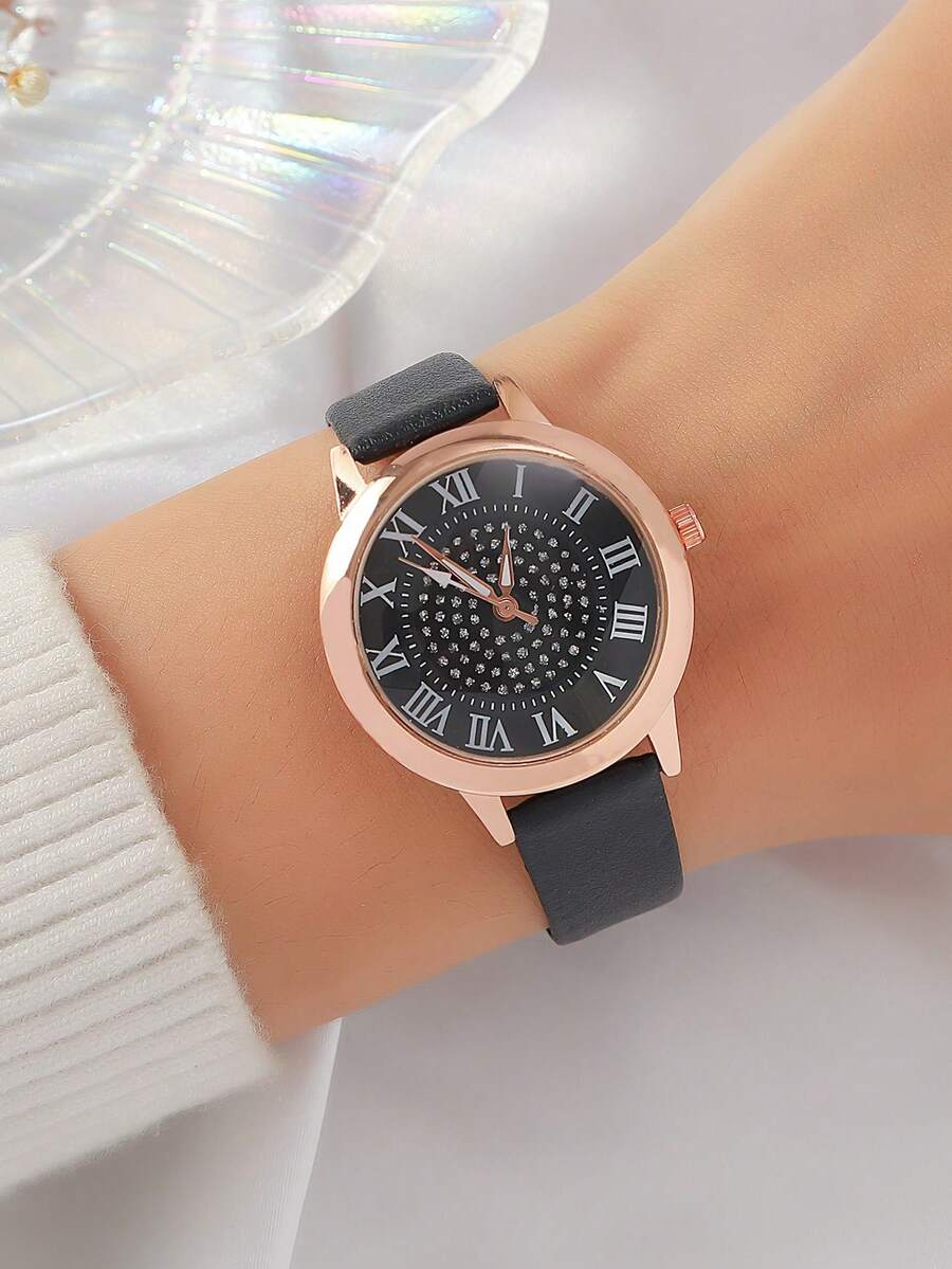 1 件女士经典时尚石英手表，镶有钻石和黑色皮革表带