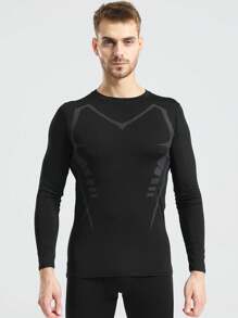 Camiseta de manga larga negra de estilo novio de compresión atlética para hombre, ropa de gimnasio, camiseta básica de estilo novio para hombre - Negro - Ver 1