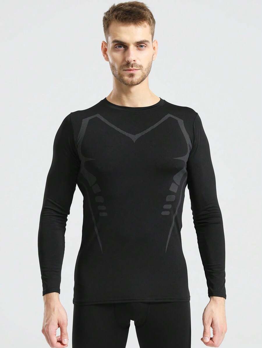 Camiseta de manga larga negra de estilo novio de compresión atlética para hombre, ropa de gimnasio, camiseta básica de estilo novio para hombre - Negro - Ver 1
