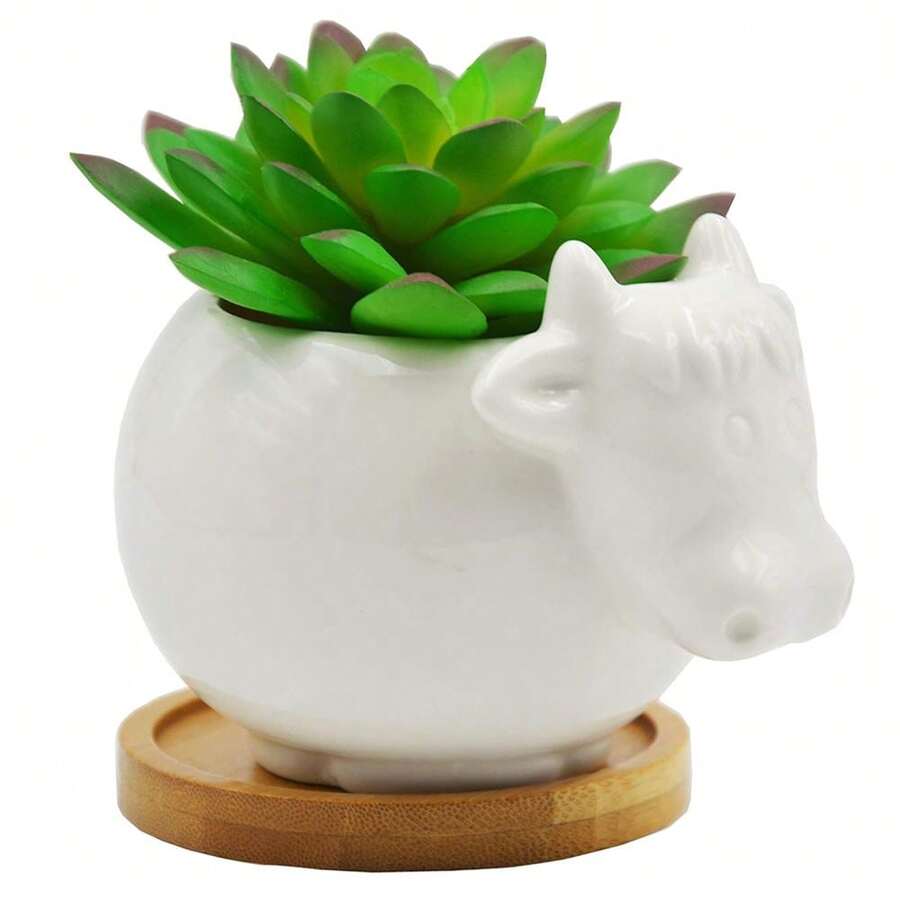 1 件可愛動物牛形陶瓷多肉仙人掌花盆,4.5 英寸,無竹托盤 - 白色 - 查看 1