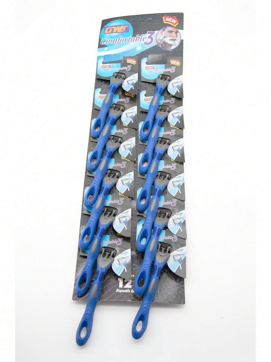 OFERTA!!! Rastrillo para hombres, paquete de 3 hojas con 12 unidades para eliminación de vello facial, recortadora de pelo, suministros de peluquería, corte de pelo - Azul - Ver 1