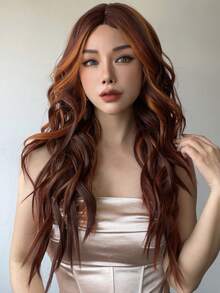 28吋t型蕾絲13*6*1橘紅色波浪捲髮適合聚會配戴合成纖維女假髮