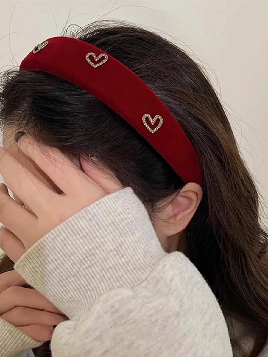 1 件女士天鹅绒宽头带，带心形装饰，优雅时尚的发饰，适合日常使用情人节情人、发带、发箍头带