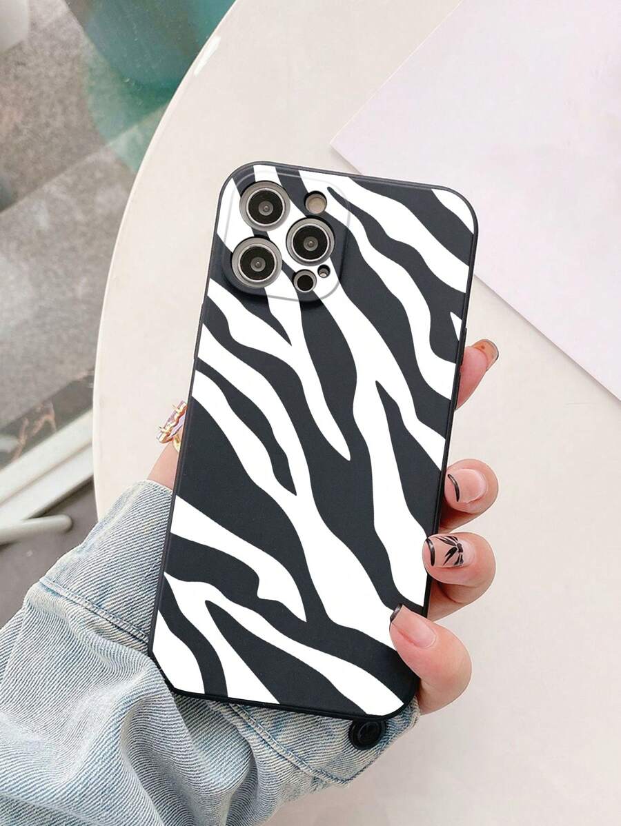 1 Peça Capa De Telefone Com Estampa Zebra Preta E Branca, Compatível Com Iphone 15 Pro Max, Xiaomi, Samsung Capa Completa Macia - Preto e Branco - Visão 1