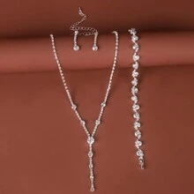 4入組/套水滴形鑲嵌鑽石y項鏈套裝,適用於女士婚禮和晚會裙子 - 銀色 - 查看 5