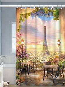 1 件城市塔風景印花浴簾,現代聚酯防水浴室方形窗簾,適合居家裝飾