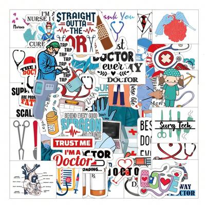 52入組醫療主題貼紙，可愛卡通醫生和護士貼紙，街頭藝術系列貼紙，嘻哈風格貼紙，美學塗鴉乙烯基防水貼紙，適用於水瓶，筆記本電腦，手機，滑板，吉他，行李箱，剪貼簿，安全帽，兒童，青少年和成年人的派對裝飾