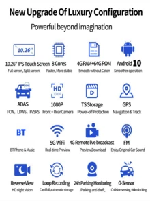 10.26 吋4g 網路android 10.0 系統4g Ram+64gb Rom 行車記錄器fhd 1080p Gps 追蹤雙鏡頭錄影機wifi 遠端監控fm Bt 支援的網路：b2、b4、b5、b7、b12、b13、b17b 支援手機鏡像功能齊全,最大支援256g Tf卡,適合任何車輛 - 黑色 - 查看 2