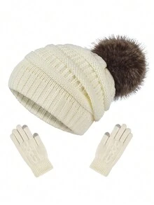 Adult Cashmere Warm Single-ball Imitation Mink Fur Hat, Fashionable And Touch-screen Autumn And Winter Clothing Accessories 1 Set - White - View 1