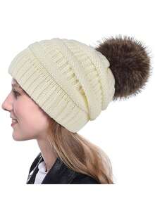 Adult Cashmere Warm Single-ball Imitation Mink Fur Hat, Fashionable And Touch-screen Autumn And Winter Clothing Accessories 1 Set - White - View 5