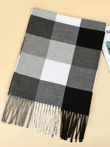 1條男女通用的格紋流蘇圍巾,仿卡仕米爾材質,復古風格,適合日常穿著,非常適合親子裝