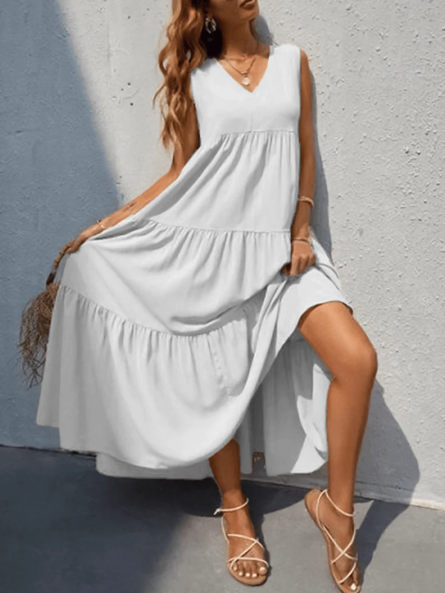 Vestido largo sin mangas y cuello V - Blanco - Ver 1
