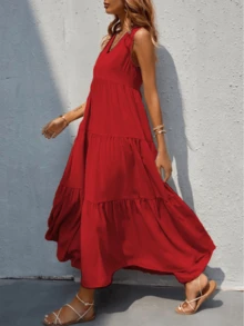 Vestido largo sin mangas y  cuello V - Rojo - Ver 3