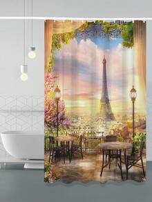 1 件城市塔風景印花浴簾,現代聚酯防水浴室方形窗簾,適合居家裝飾