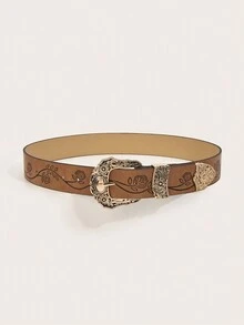 1pc Women's Western Cowgirl Brown Printed Heavy Duty Belt With Beads For Everyday Use,School - Brown - View 2