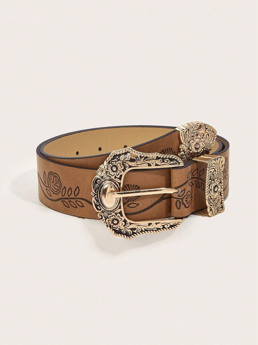 1pc Women's Western Cowgirl Brown Printed Heavy Duty Belt With Beads For Everyday Use,School - Brown - View 1