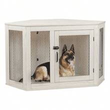 52inch Corner Dog Crate Furniture, Wooden Dog Kennel Furniture With Mesh, Decorative Wood Dog House For Indoor Use, Dog Crate For Small/Medium/Large Dog, Perfect For Limited Room - 白色 - 查看 1