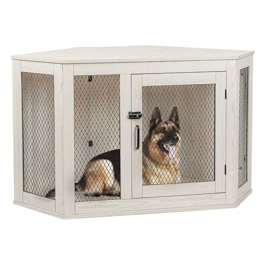 52inch Corner Dog Crate Furniture, Wooden Dog Kennel Furniture With Mesh, Decorative Wood Dog House For Indoor Use, Dog Crate For Small/Medium/Large Dog, Perfect For Limited Room - 白色 - 查看 1